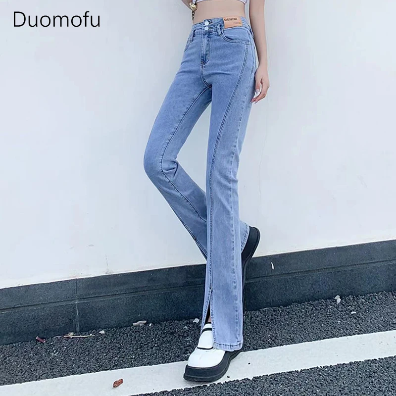 Duomofu Light Blue Chicly High Waist Slim Female Flare Jeans Autumn Classic Split Simple Casual Fashion Full Length Women Jeans