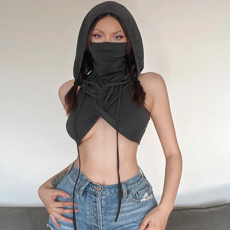 

Летние женские жилеты с капюшоном, однотонная тонкая майка, короткий кроссовер, дизайн, камзол, сексуальная уличная одежда, женские укороченные топы без рукавов