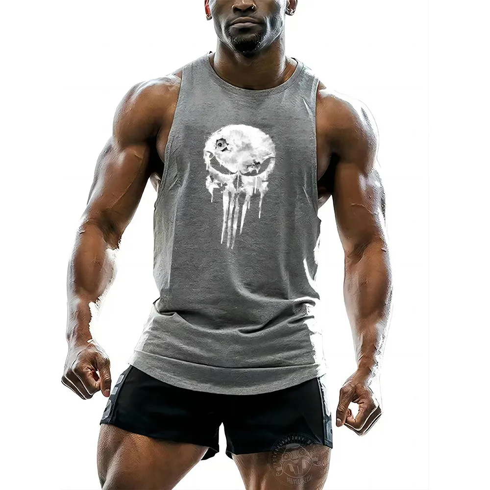 y2k Gym Fashion Sports Running Shirt Vest Men's Fitness Outdoor Running New Skull print White muscle fit vest tops