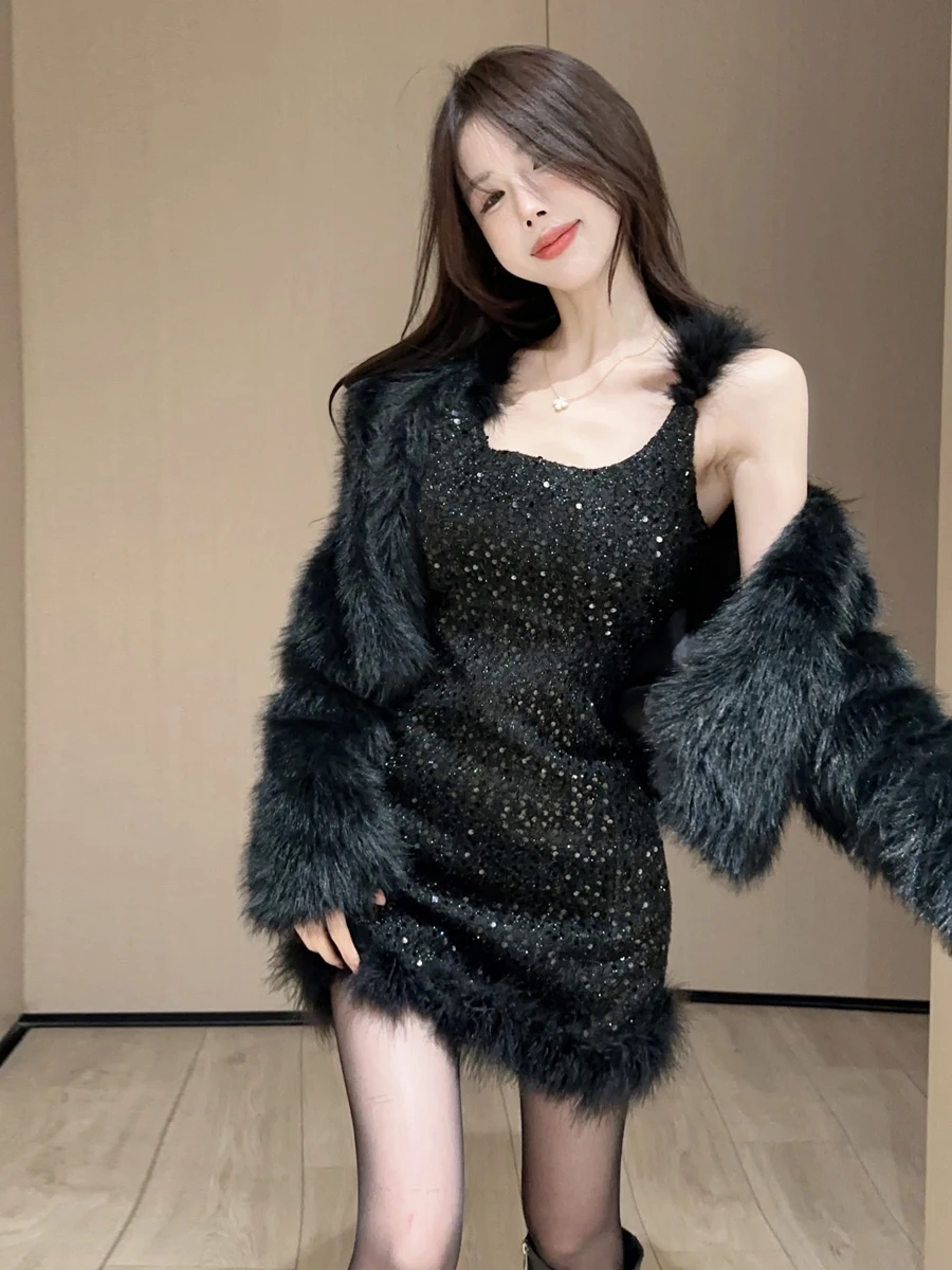 

Сексуальная элегантная маленькая ароматная юбка-трапеция со знаменитостями и мехом на бретельках Dr со сверкающими блестками для похудения для ночного клуба