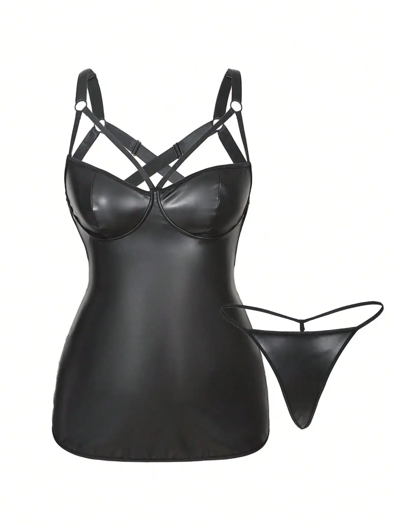 

Комплект из 2 предметов: черное платье-комбинация из искусственной кожи с бретелями и стрингами для вечеринок или выходов в свет