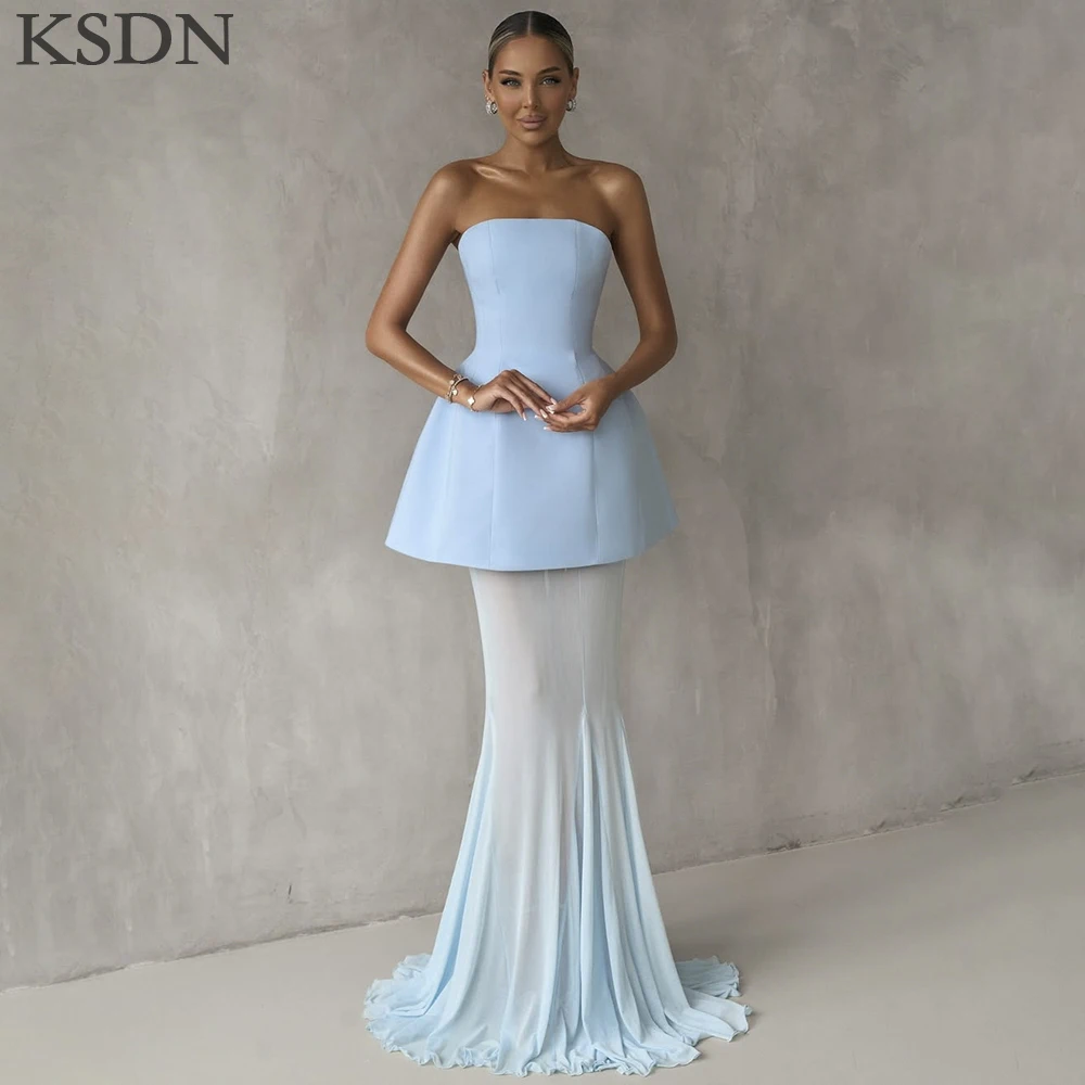 

KSDN Elegant Strapless Evening Dresses Formal Sleeveless Lace Floor Length Sweep Train Gowns High Quality Dress Vestidos