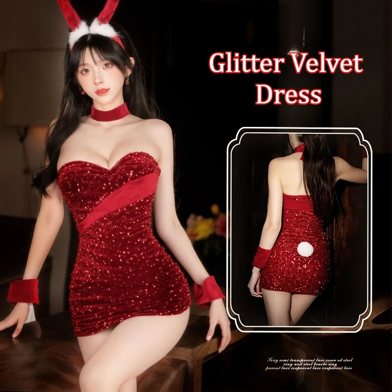 

Sexy Velvet Bunny Girl Costume - Seductive Lingerie Dress with Tail & Ears, Easy-Access Roleplay Outfit for Women