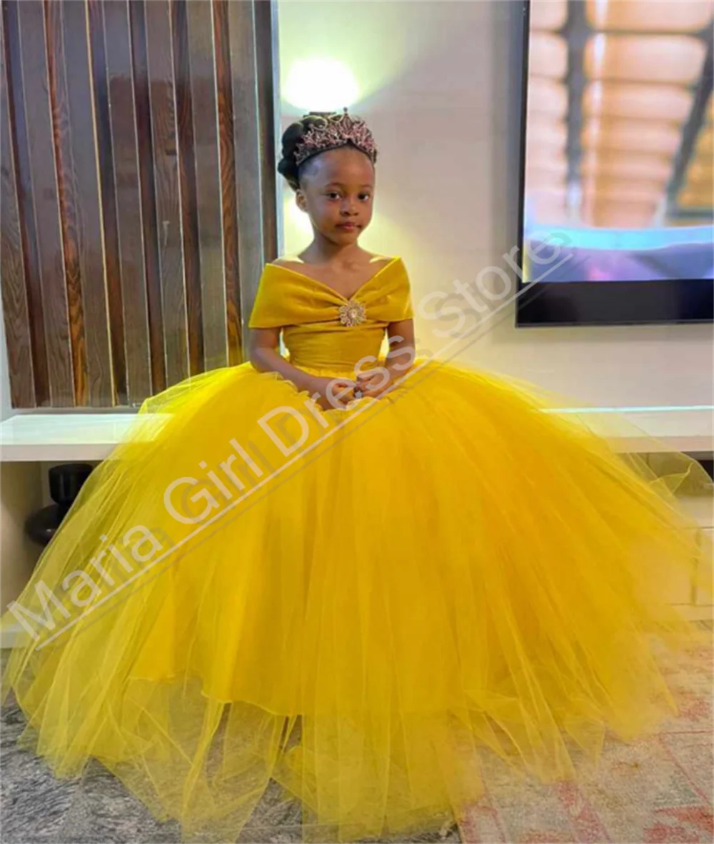 

Yellow Girl Wedding Party Dress Fluffy V-neck Sheer Princess Birthday Party Piano Performance Evening Gown