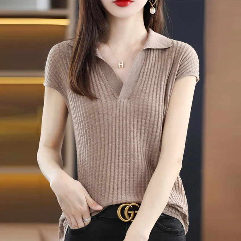 2022 Spring and Summer New Cashmere Sweater Polo collar Women\'s Short sleev Knitted Sweater Loose Thin Pullover Short-Sleeved