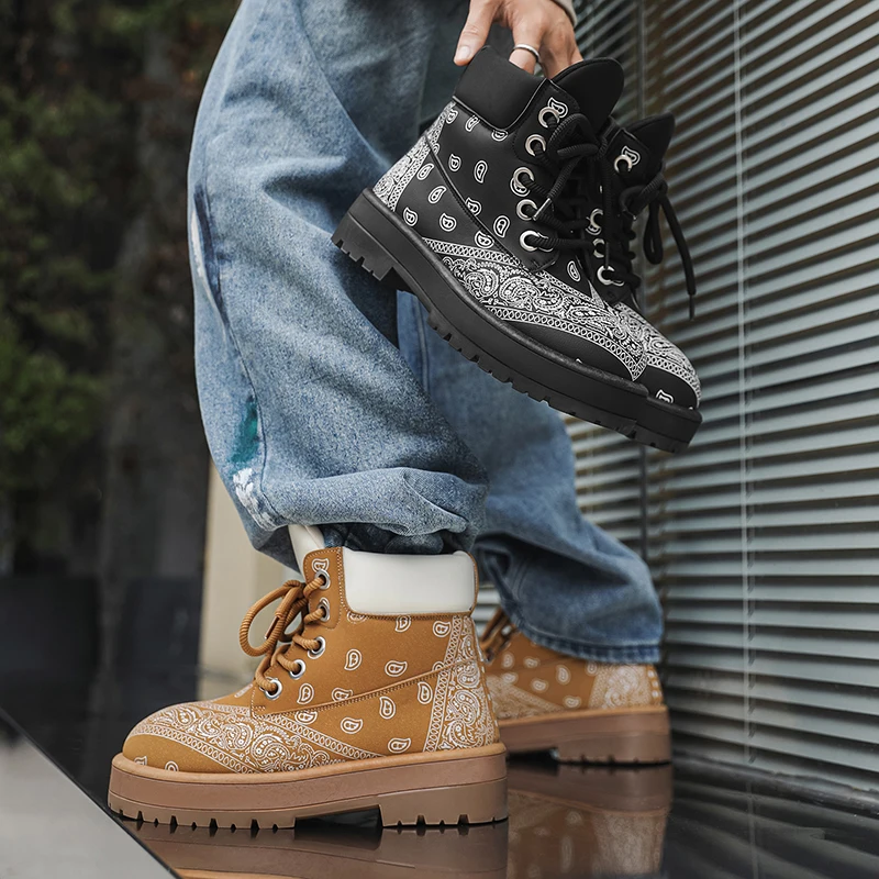 أحذية عصرية غير رسمية للاستخدام في الهواء الطلق، أحذية عمل رجالية ذات نعل سميك ونعل سميك أمريكي عالي الجودة، أعمال الدراجات النارية لزيادة الارتفاع