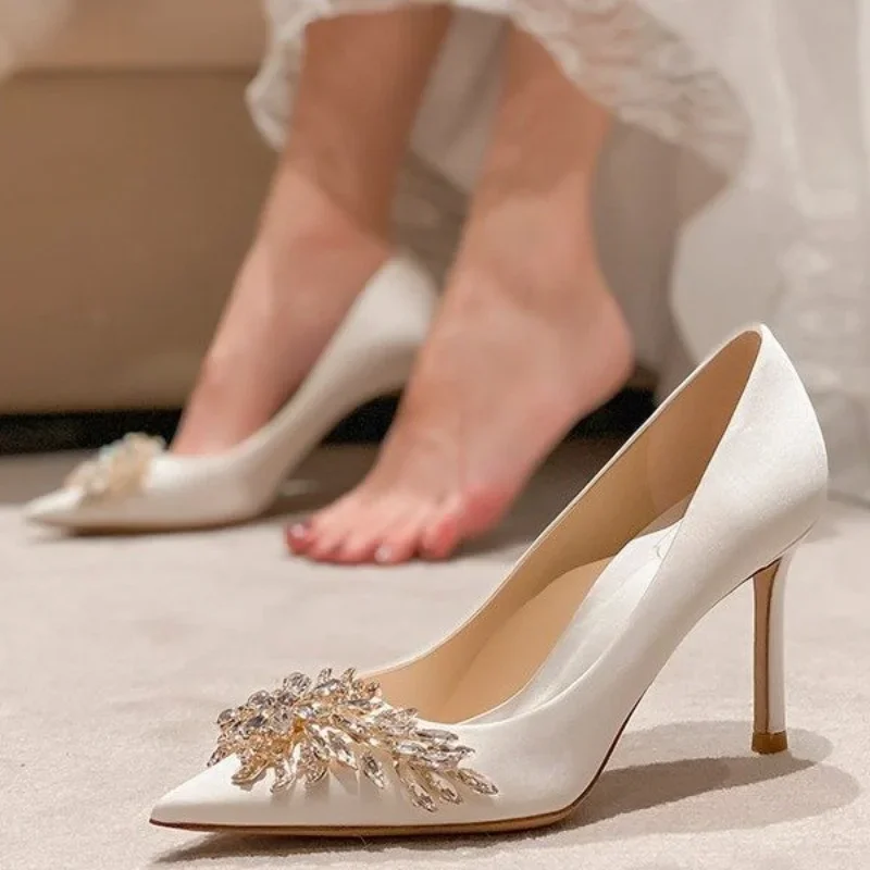 Maogu Satin Rhinestone Crystal Shallow Pumps Stiletto High Heel Luxury Women\'s Shoe 2023 Spring White Women Bridal Wedding Shoes