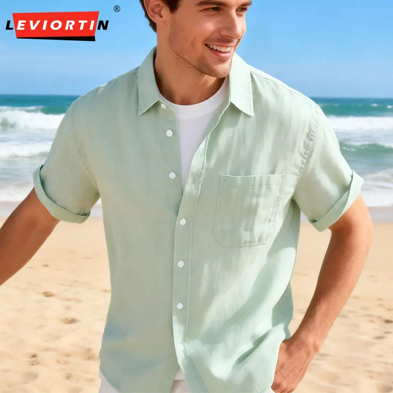 

Summer Men's Linen Short Sleeve Shirts Chest Pocket Japanese Style Man Comfortable Breathable Holiday Outerwear Dress Shirt Tops
