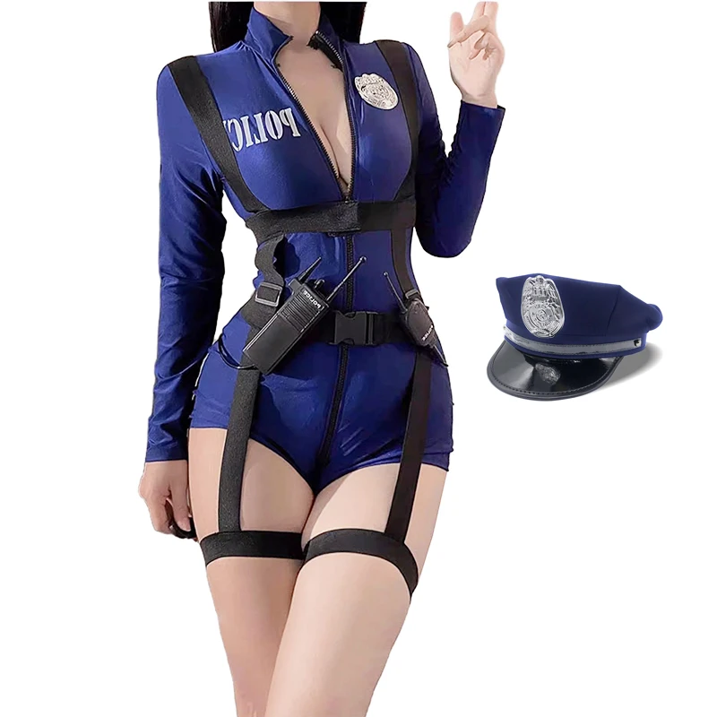 Sexy Police Women Officer Uniform Open Crotch Bodysuit Double Zipper Cop Role Play Tight Body Belt Erotic Costume Clubwear