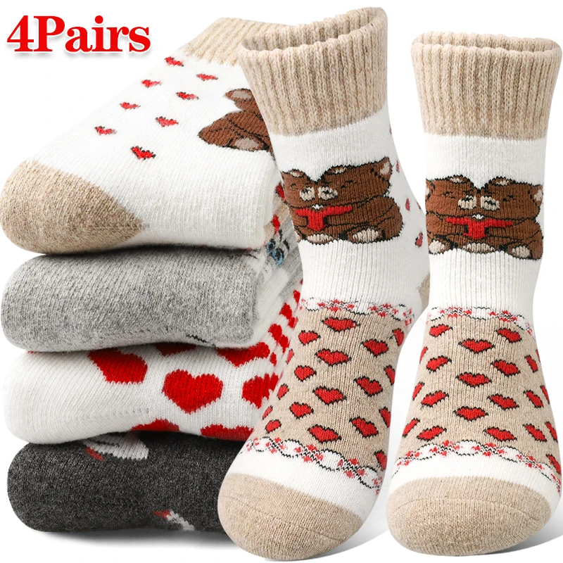 

4 Pairs Women's Bear and Heart Print Crew Socks Autumn Winter Plush Terry Mid-Calf Sock Heavy Knit Comfort Socks for Home