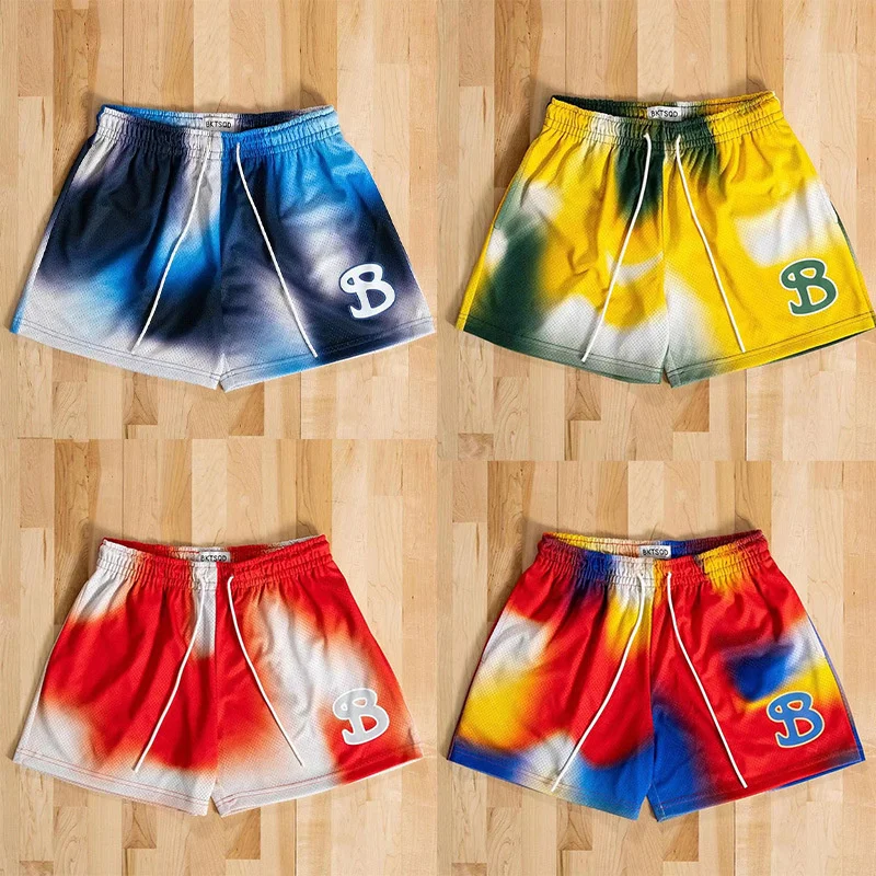 NEW summer Pigment mixed color mesh basketball shorts men quick drying loose sports short pants ventilate running beach shorts