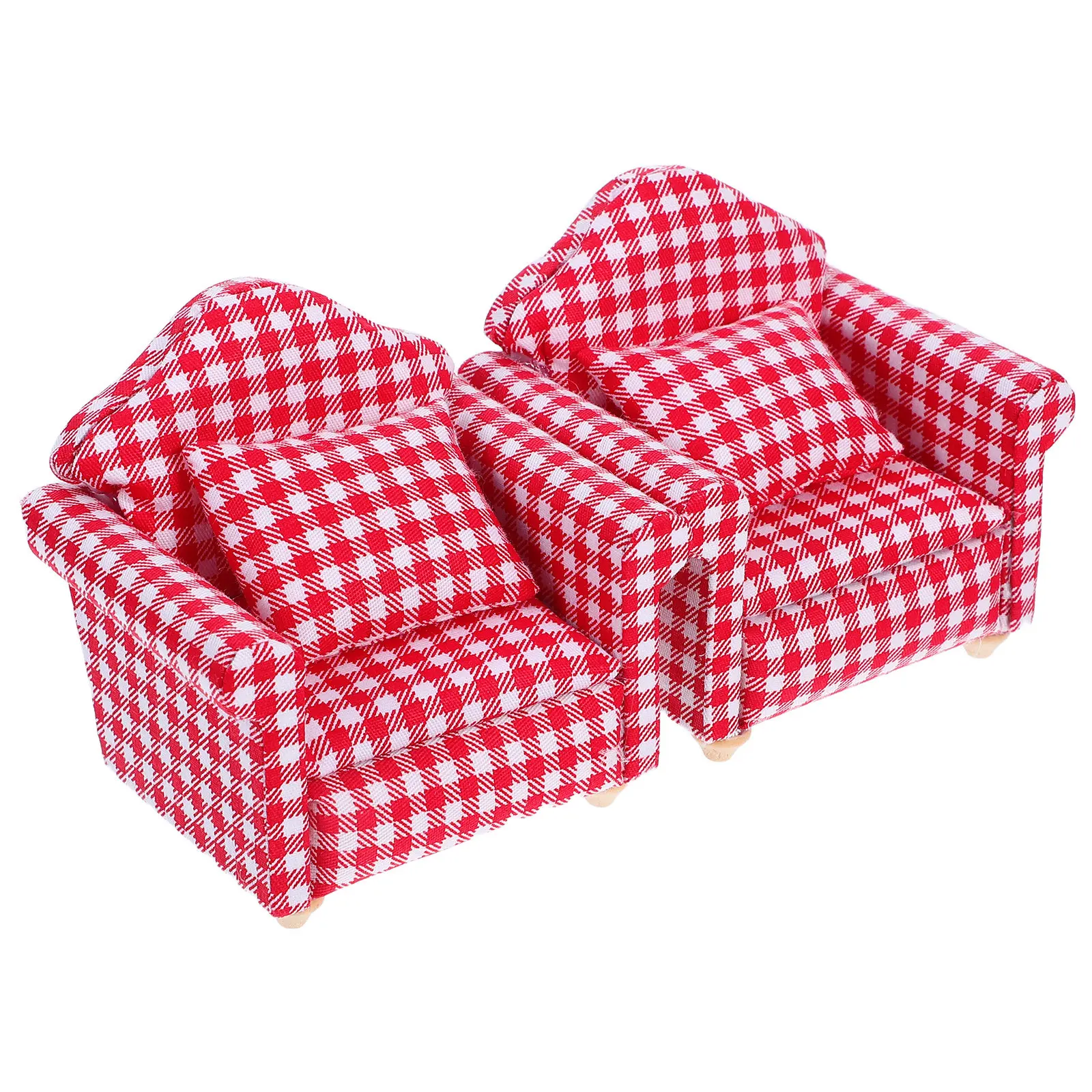 

2Sets Mini Wood Sofa with Pillow Chic Small Decorative Miniature House Furniture Armchair Couch Miniature Chair