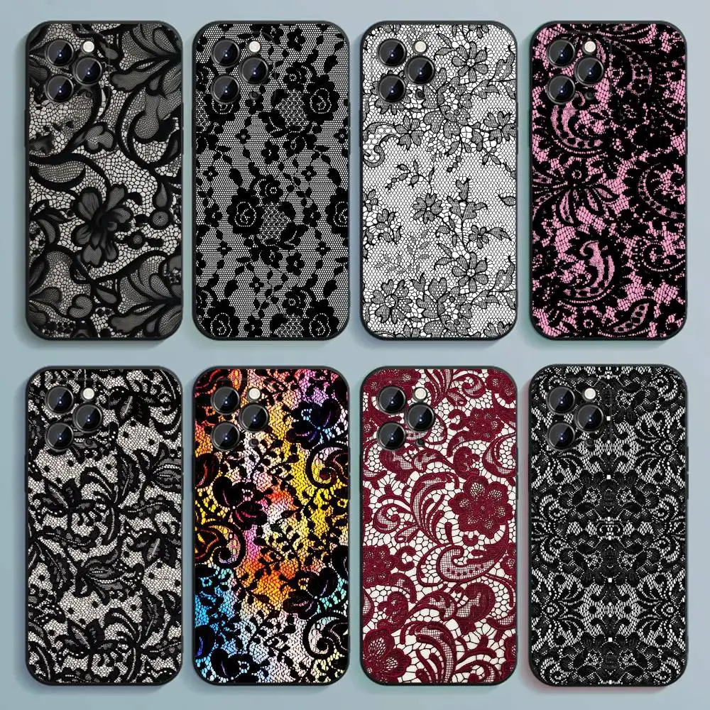 

Lace Print Pattern Phone Case For iPhone 17,16,15,14,13,12,Pro,Max,Plus,E,SE4,Air,Mini Black Soft Cover