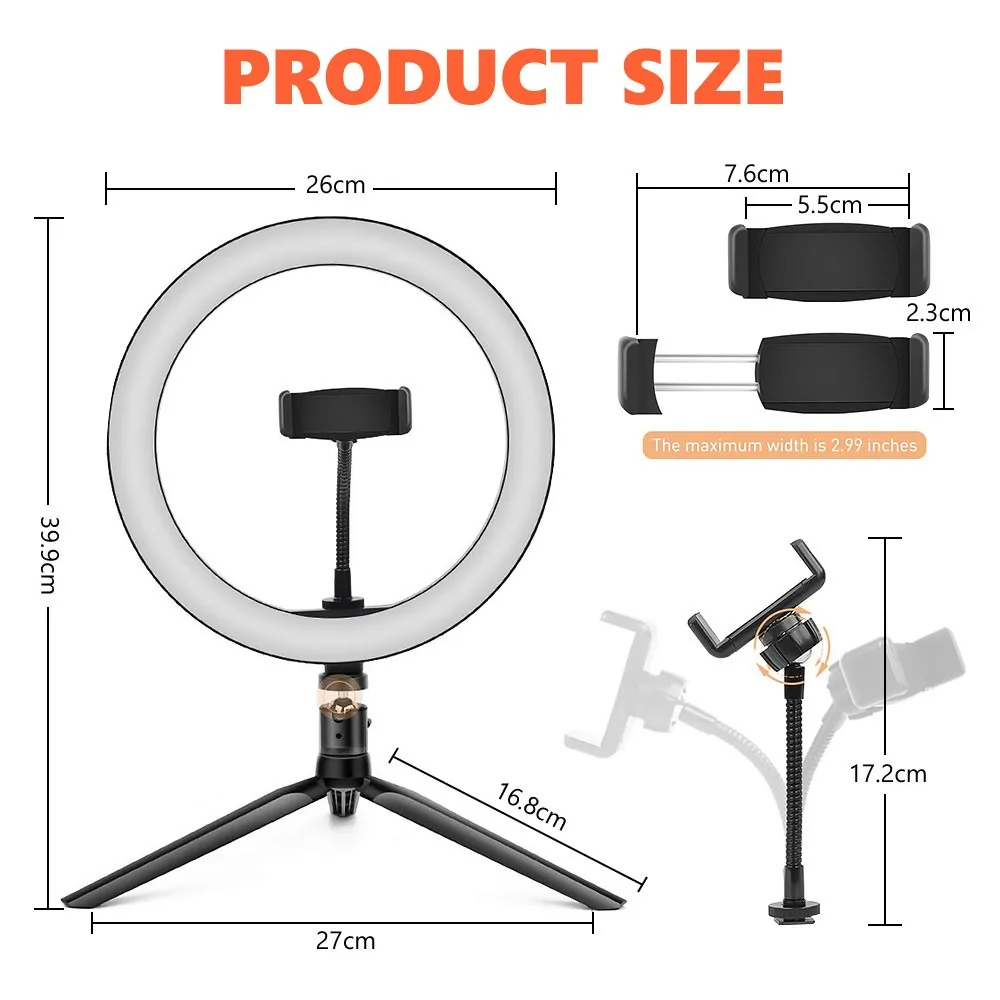 10 Inch LED Ring Light Dimmable 3 Modes USB Powered Makeup Selfie Lamp with Phone Stand for Live Stream Vlog Photography Studio