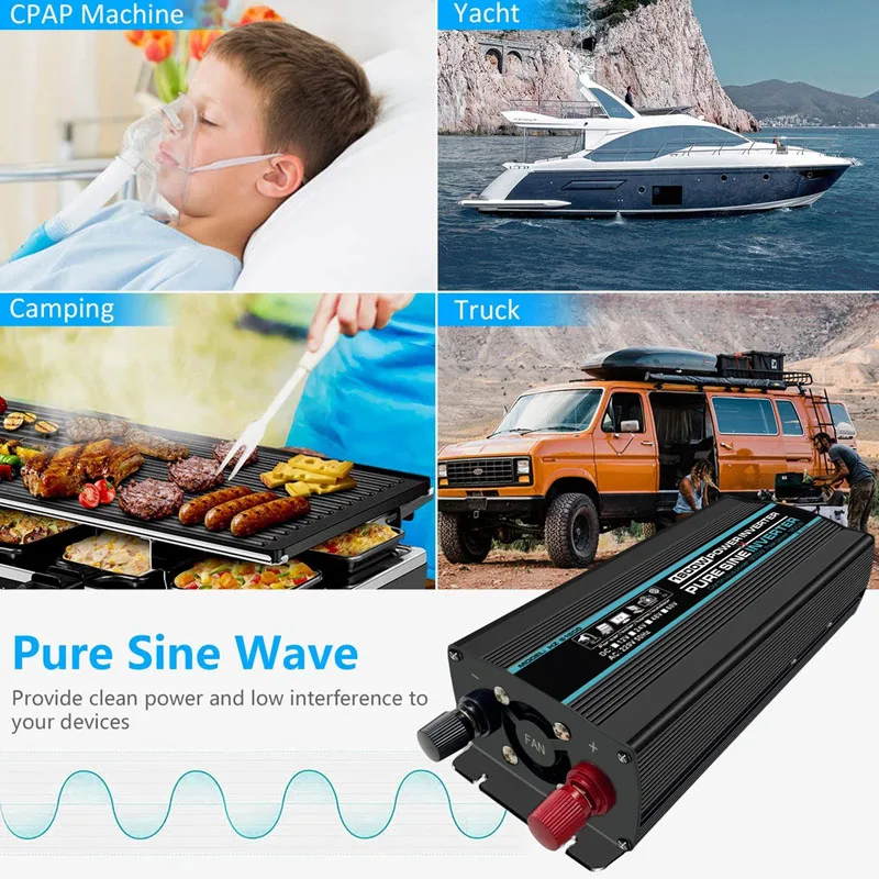1000/1800/2000/2600W Pure Sine Wave Power Inverter Voltage Transformer LED Display Car Home Outdoor DC12V to AC 220V Converter