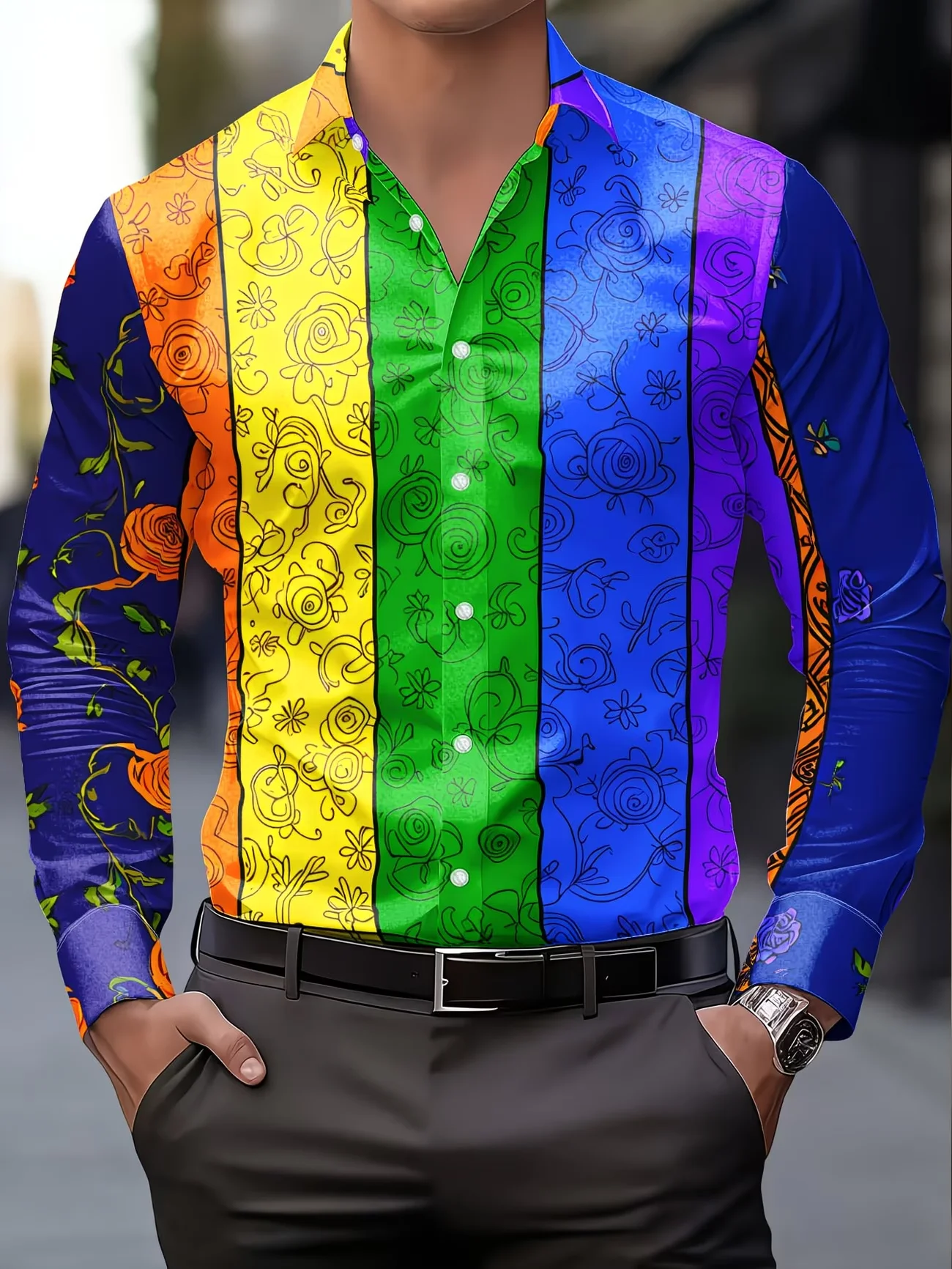 New Purple Pink Gradient Hell Monster Printed Men's Long Sleeve Shirt with Flip Collar Trendy Cool Shirt