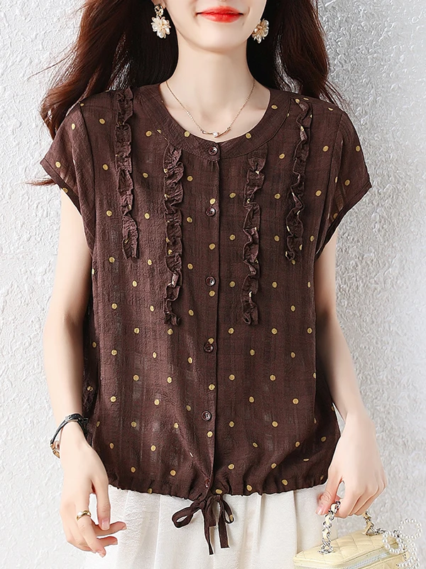 plus Size Women's Summer Shirt Polka Dot Short Sleeve Slimming Versatile Elegant Top Casual Loose Fit Polyester Fiber