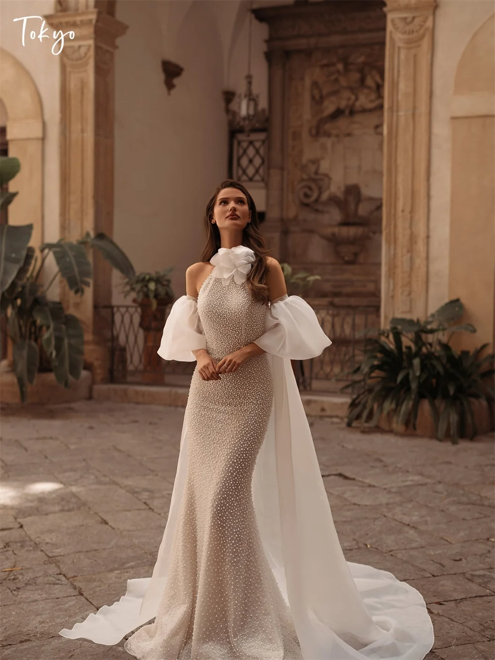 Tokyo Customized Elegant Halter Necklink Wedding Dresses Sleeveless Backless Shawl Bridal Gown 2025 White Mermaid Wedding Gown