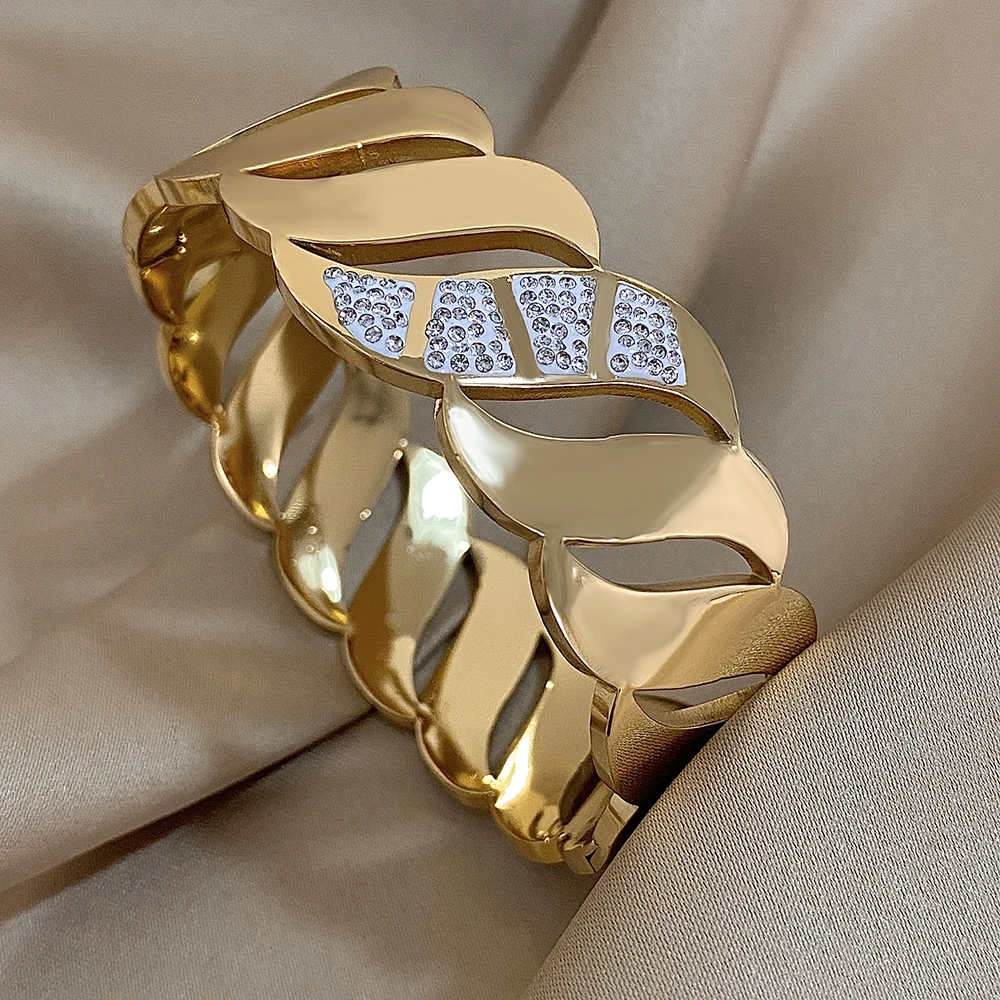 Klobige eingelegte Strass geometrische Welle breite Manschette Armreif für Frauen Mode Edelstahl Gold Silber Farbe Armbänder