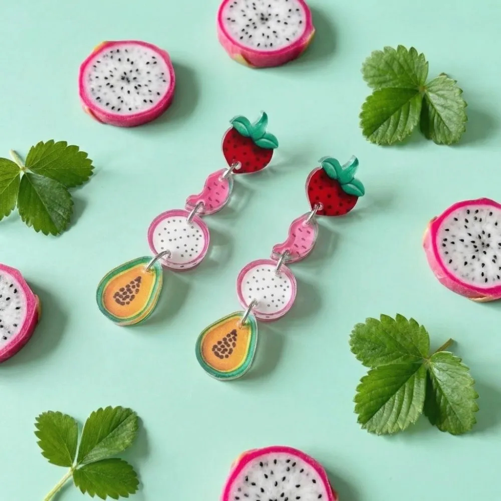 Fashion Acrylic Tropical Fruit Earrings Creative Pitaya Fruit Dangle Earrings Colorful Funny Strawberry Earrings Women