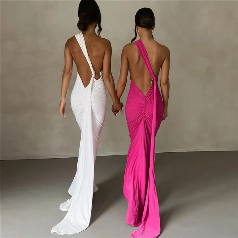 

Sexy Backless Long Dress Fashionable Summer 2023 Strapless Bodycon Evening Gown mid Waist Polyester Blend No Sleeve Floor Length