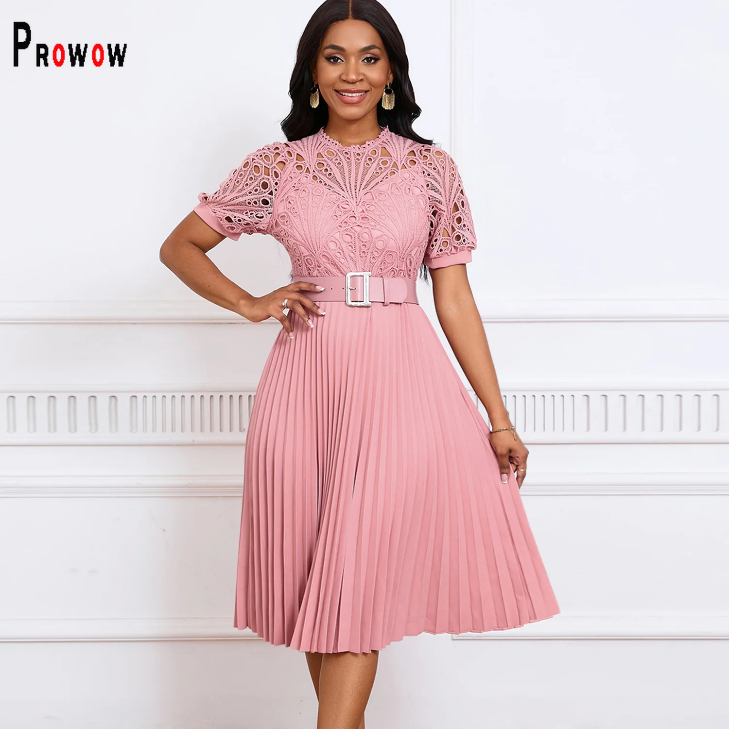 

Prowow Lace Flower Women's Dress Short-sleeved Summer Female Birthday Party Wear 2024 New Design Solid Color A-line Clothing