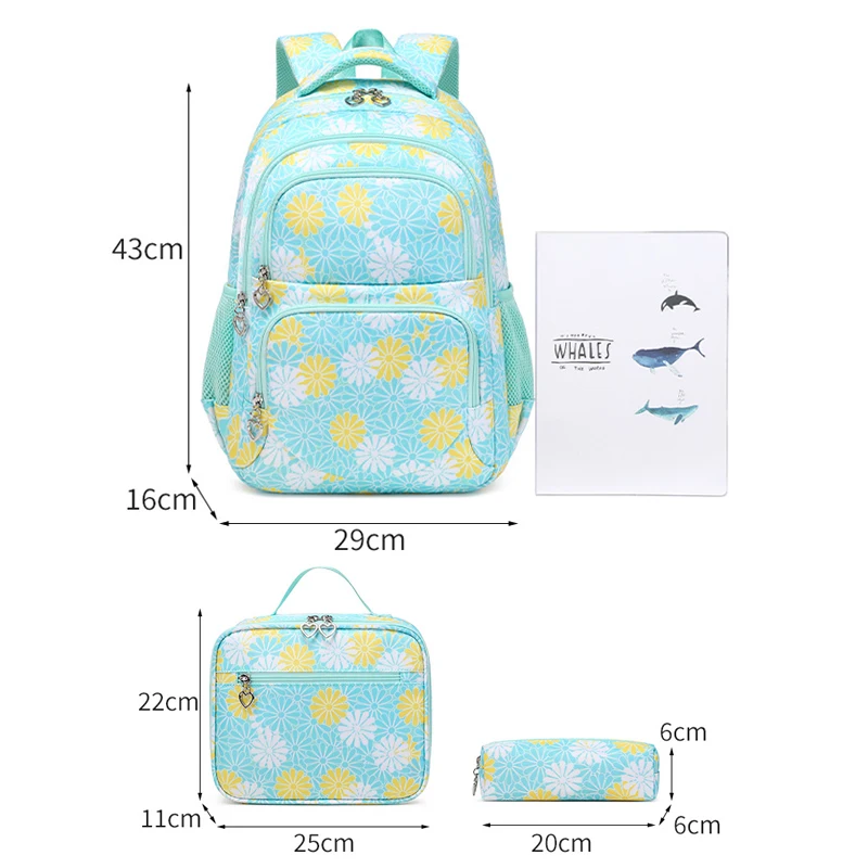 Sacos escolares impermeáveis para meninas adolescentes, mochila escolar com estojo de lápis, lancheira, mochila para crianças, 3 pcs por conjunto