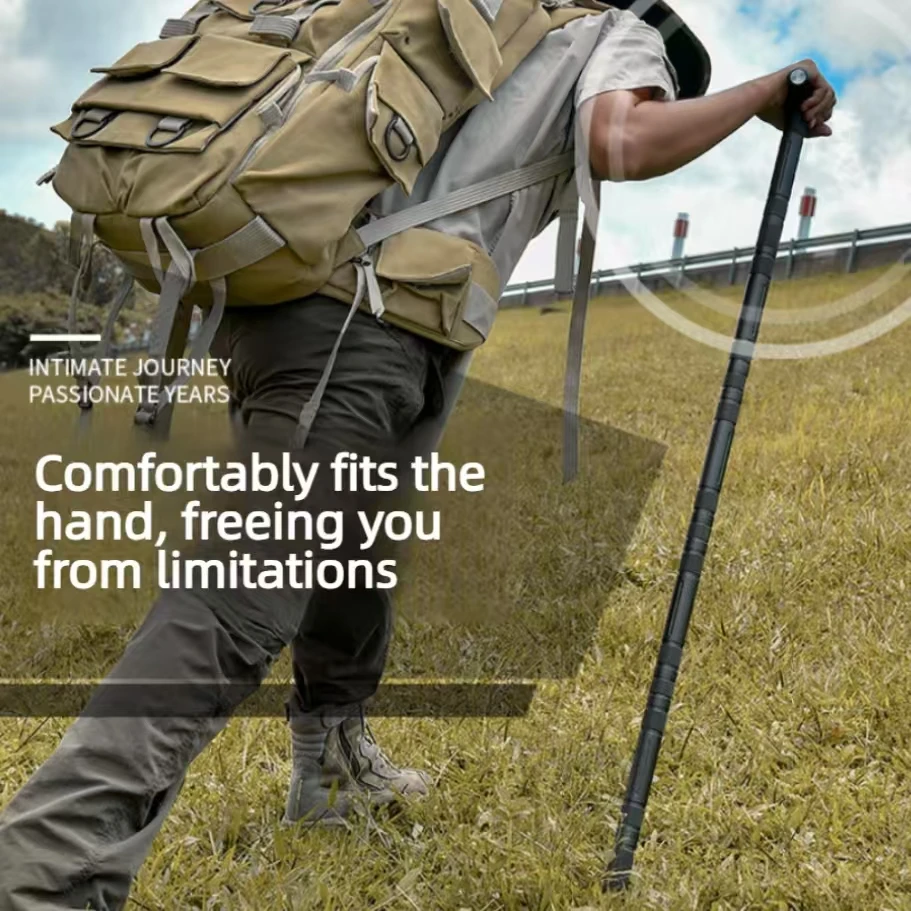 

The sturdy hiking stick is ergonomically designed with a T-shaped handle adjustable length and multiple functions