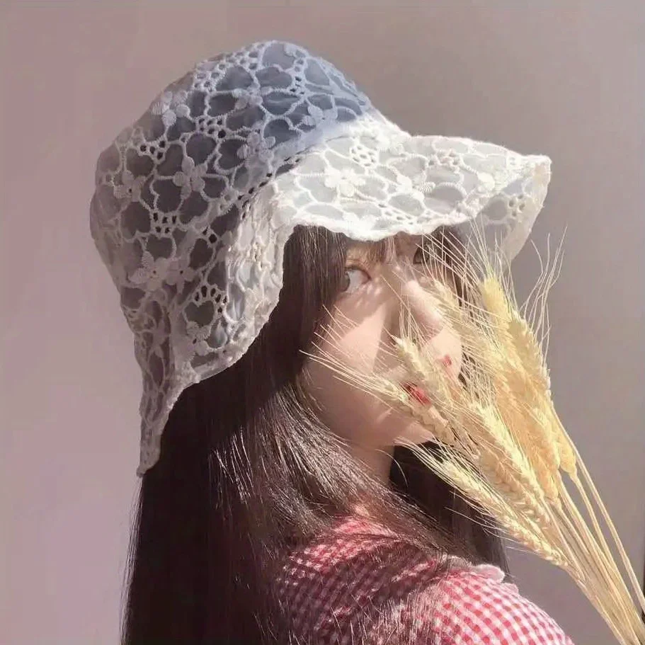 

Flower Lace Korean Style Bucket Hat Summer New Women Sun Hats Fishermen Hat Hollow Casual Ladies Outdoor Travel Headdress