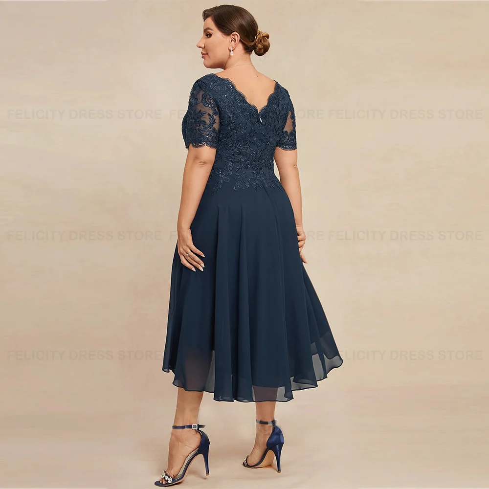 Plus Size Mother of the Bride Dresses 2023 A-line V-Neck Asymmetrical Chiffon Lace Sequin Wedding Guest Dress فستان حفلات الزفاف