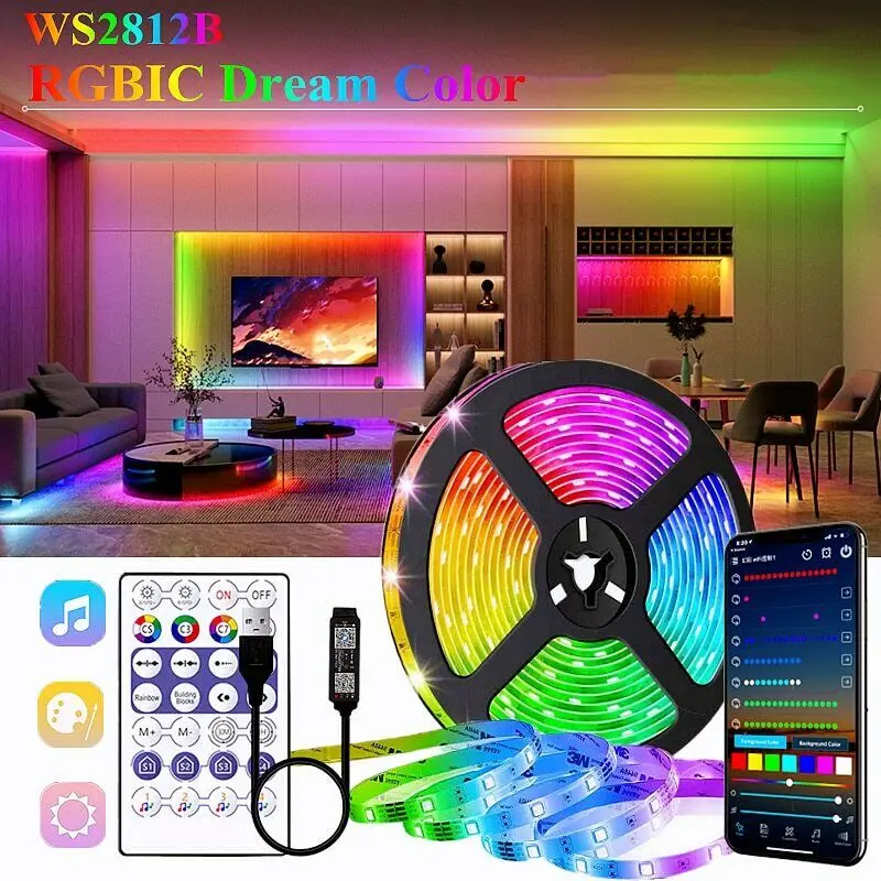 USB 5V magiczny kolor lampka USB pasek RGB Bluetooth-kompatybilny 5/15/20/25/30M WS2812B atmosfera oświetlenie taśmowe Led