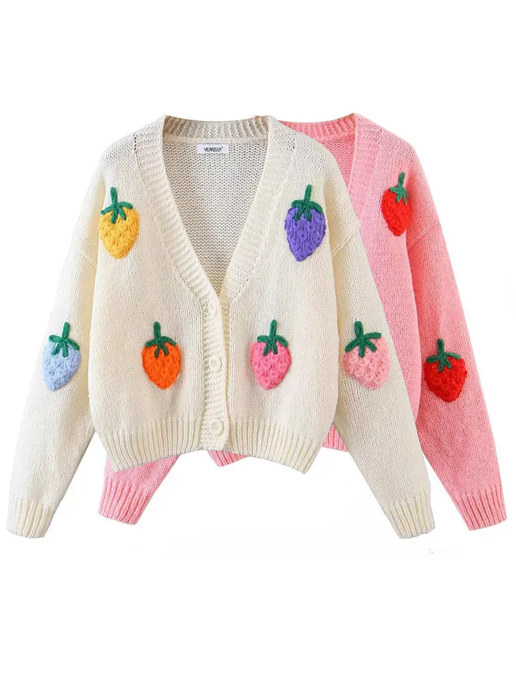 2022 Sweet Fruit Strawberry Knitted Ball Cardigan Beige Vintage Woman V neck Buttons Long sleeve Sweater Knitwear Jumper Pink