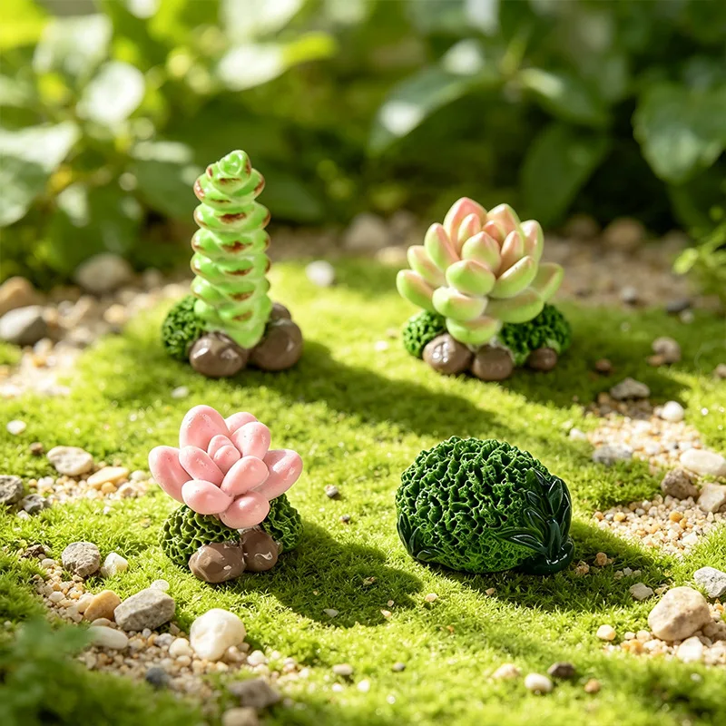 4Pcs/Set Artificial Succulent Moss Figurines Mini Plant Ornaments Micro Landscape Decor Accessories DIY Desktop Gardening Decor