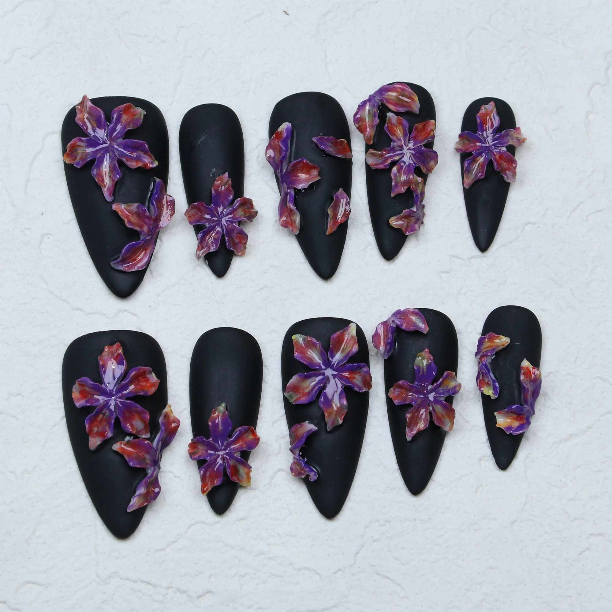 10Pcs Handmade Manicure Long Stiletto Fake Nails Unique 3D  beautiful Flowers Press On Nails Design with Adhesive Nail File Set