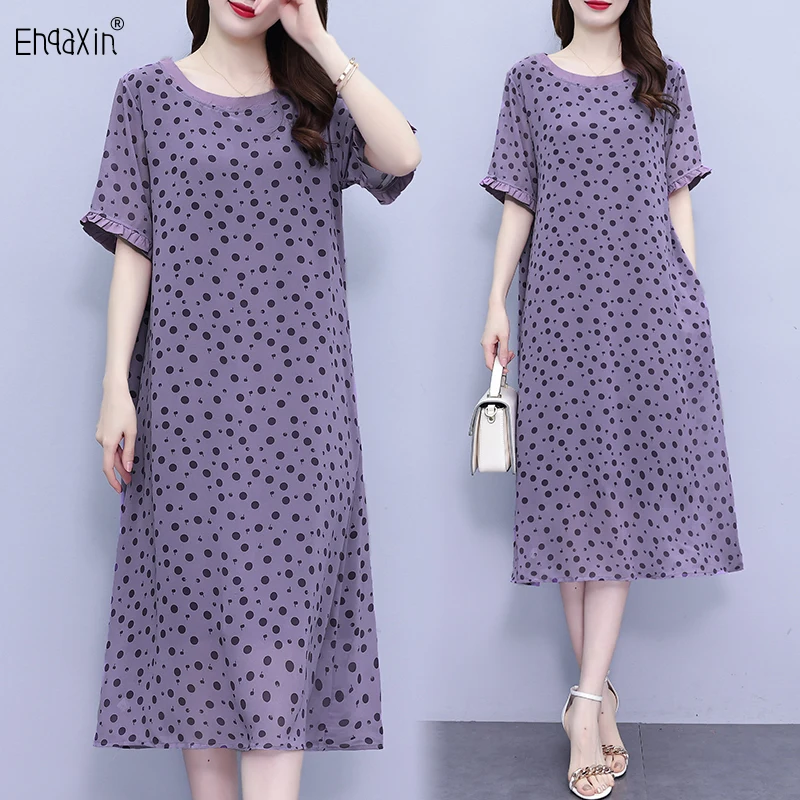 

EHQAXIN Women's Elegant Dress Fashion 2024 Summer Gentle Purple Polka Dots Loose Leisure Short Sleeve Long Dresses Ladies L-5XL