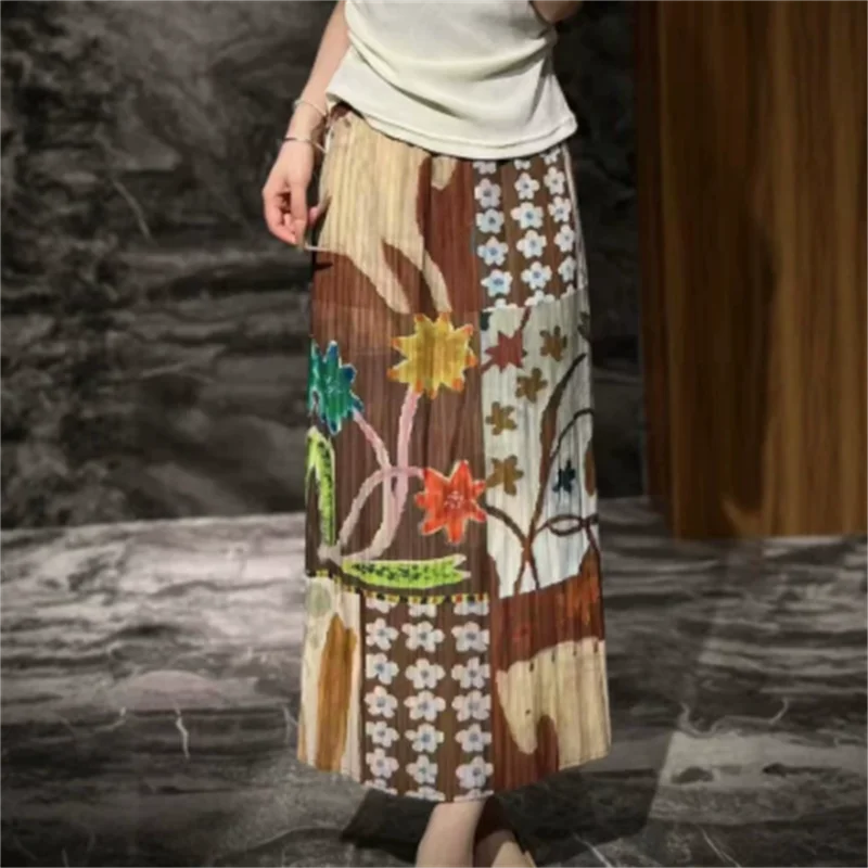 Miyake Pleated Printed Three-dimensional Textured Elastic Waist Skirt