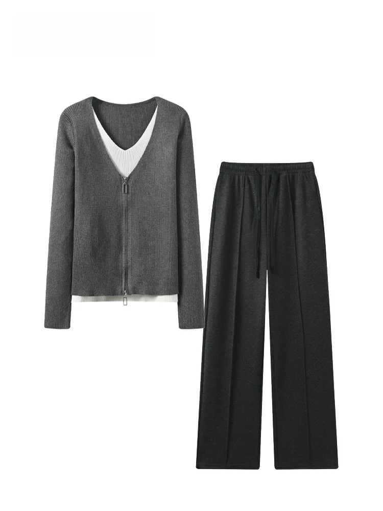 

CaraCLUB Large Size Lazy Sle Women's Autumn Winter New Casual Long Sve Sweater Straight Leg Pants Set V-Ne Zipper Closure