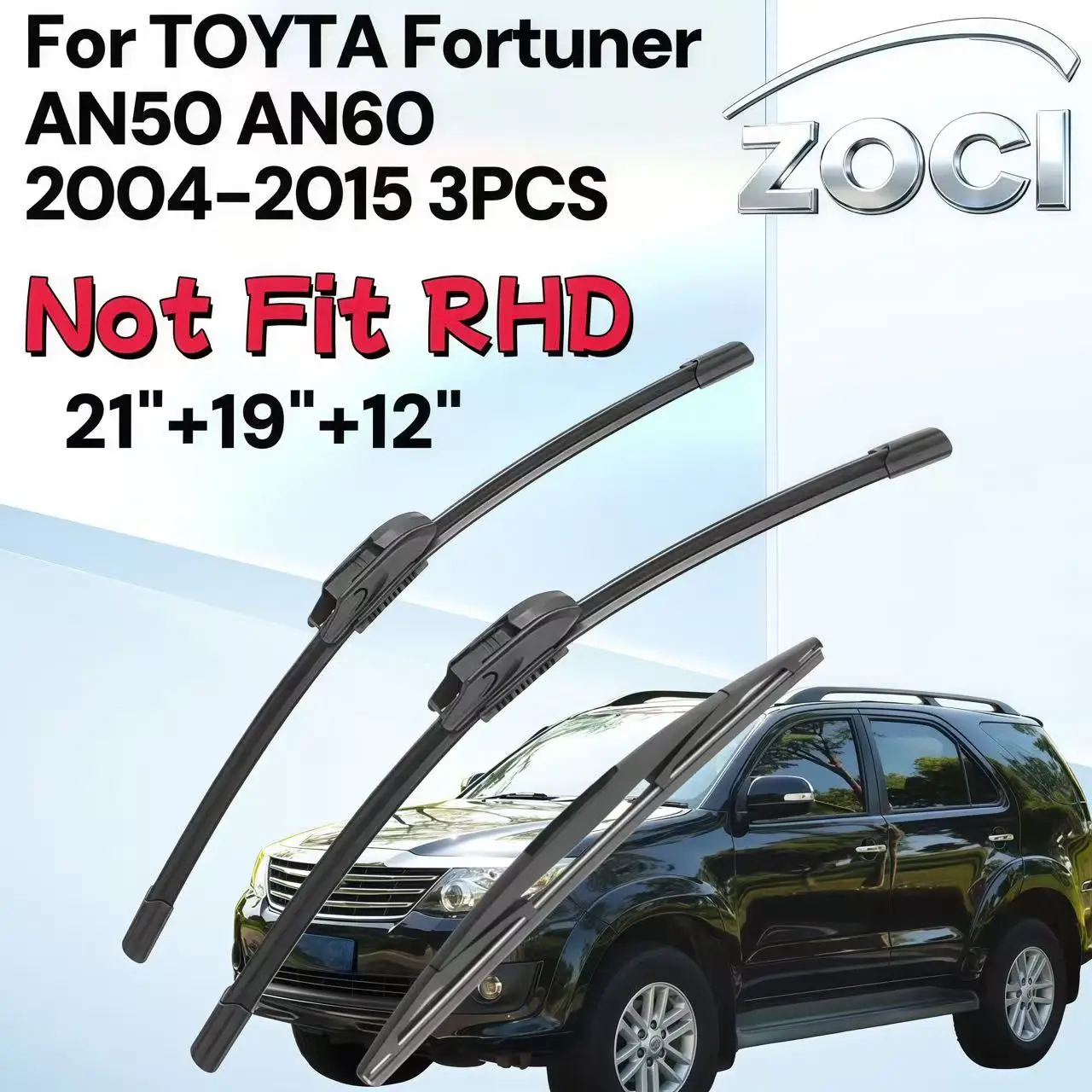 

Front and Rear Windshield Wipers for Toyota Fortuner AN50 AN60 2004-2015, 3ces Set Car Parts, 2012 2013 2014, Size: 21" 19" 12