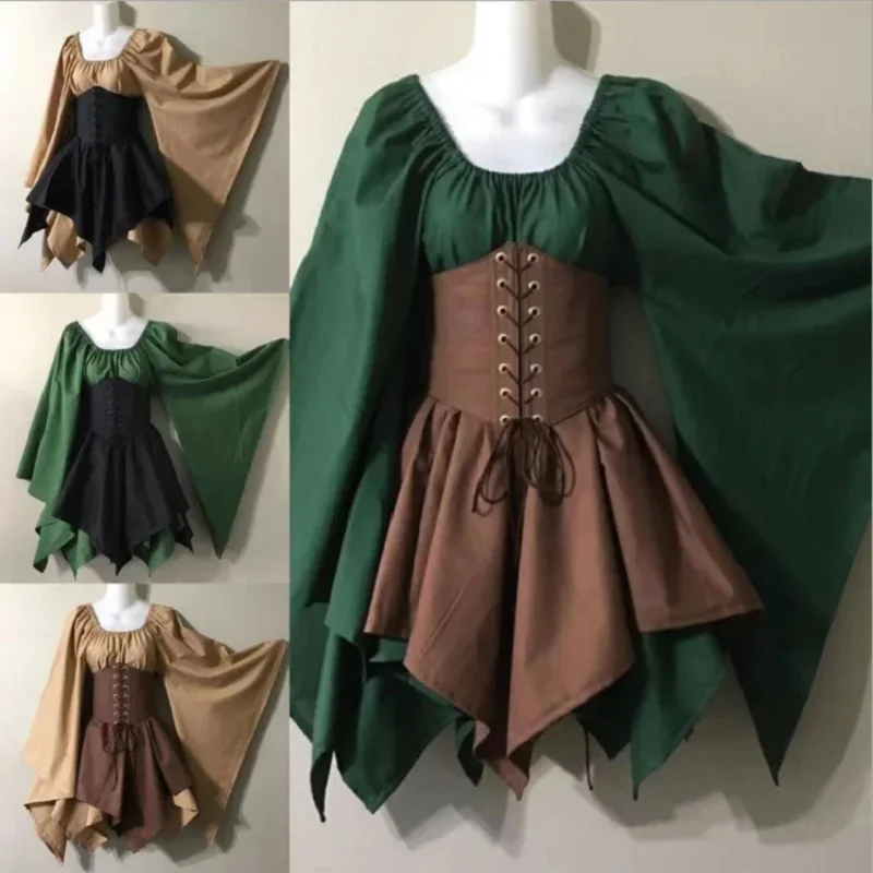 Halloween Medieval Cosplay Corset Dress Renaissance Fairy Elf Robin Hood Cosplay Costumes Women Flare Sleeve Gown Princess Dress