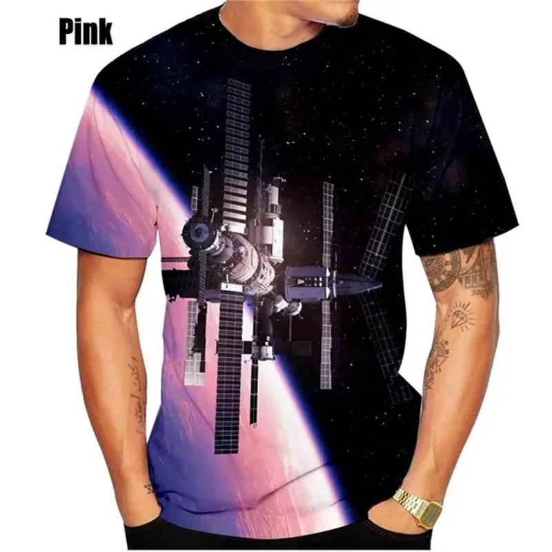 New Fashion 3d Print Space Station And Satellite Graphic Tshirt For Men Short Sleeves Casual O-neck Cool Tee Tops Streetwear