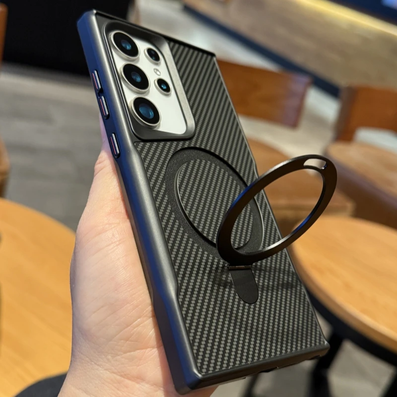 For Samsung Galaxy S24 S23 S22 S25 Ultra Plus Carbon Fiber Texture Magnetic Holder Phone Case Wireless Charging Shockproof Cover