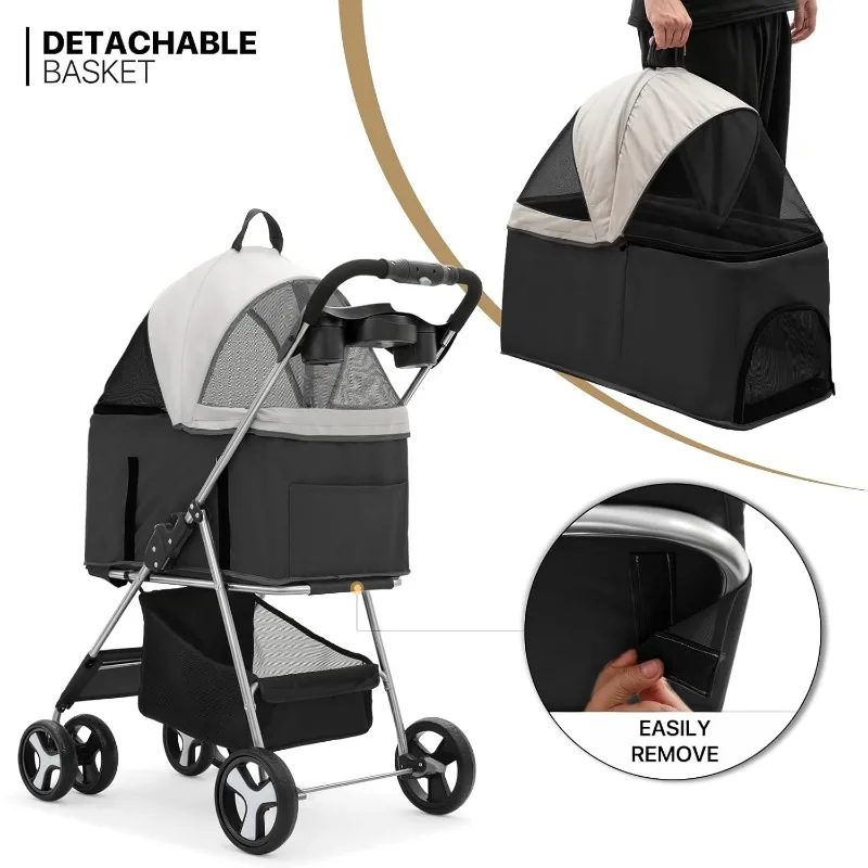 3-in-1 opvouwbare kinderwagen voor kleine en middelgrote honden, afneembare drager, autostoel, toegang met drukknop, jogger met 4 wielen voor huisdieren