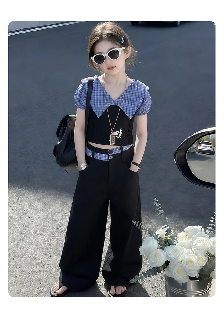 Neue Mode Kinder Streetwear Mädchen Rückenfreies Kleidungsset Crop-Top und Hose 2-teiliger Anzug Kinder Trend Street Trainingsanzug – Detail 6