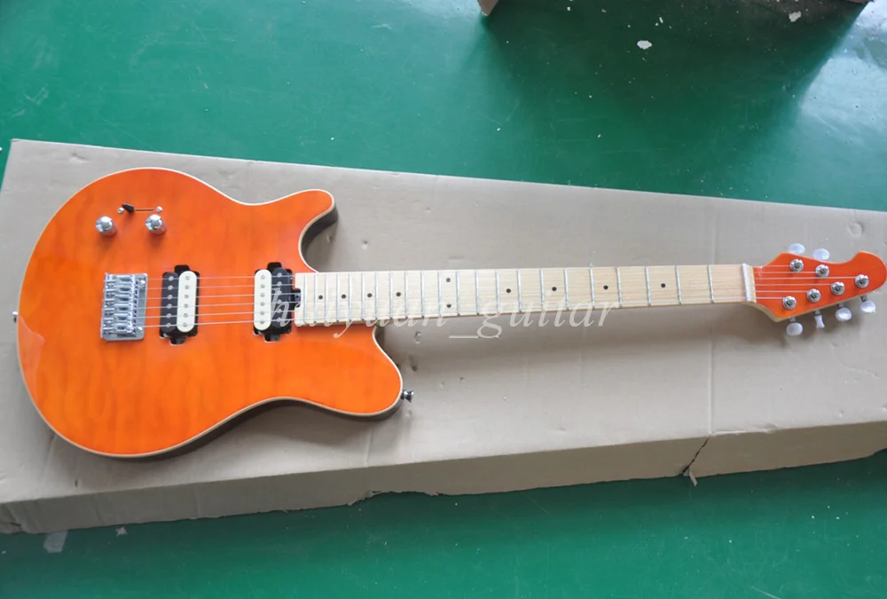 Flyoung 6 Strings Left Hand Orange  M Electric Guitar with Quilted Maple Veneer Maple Fretboard 22 Frets
