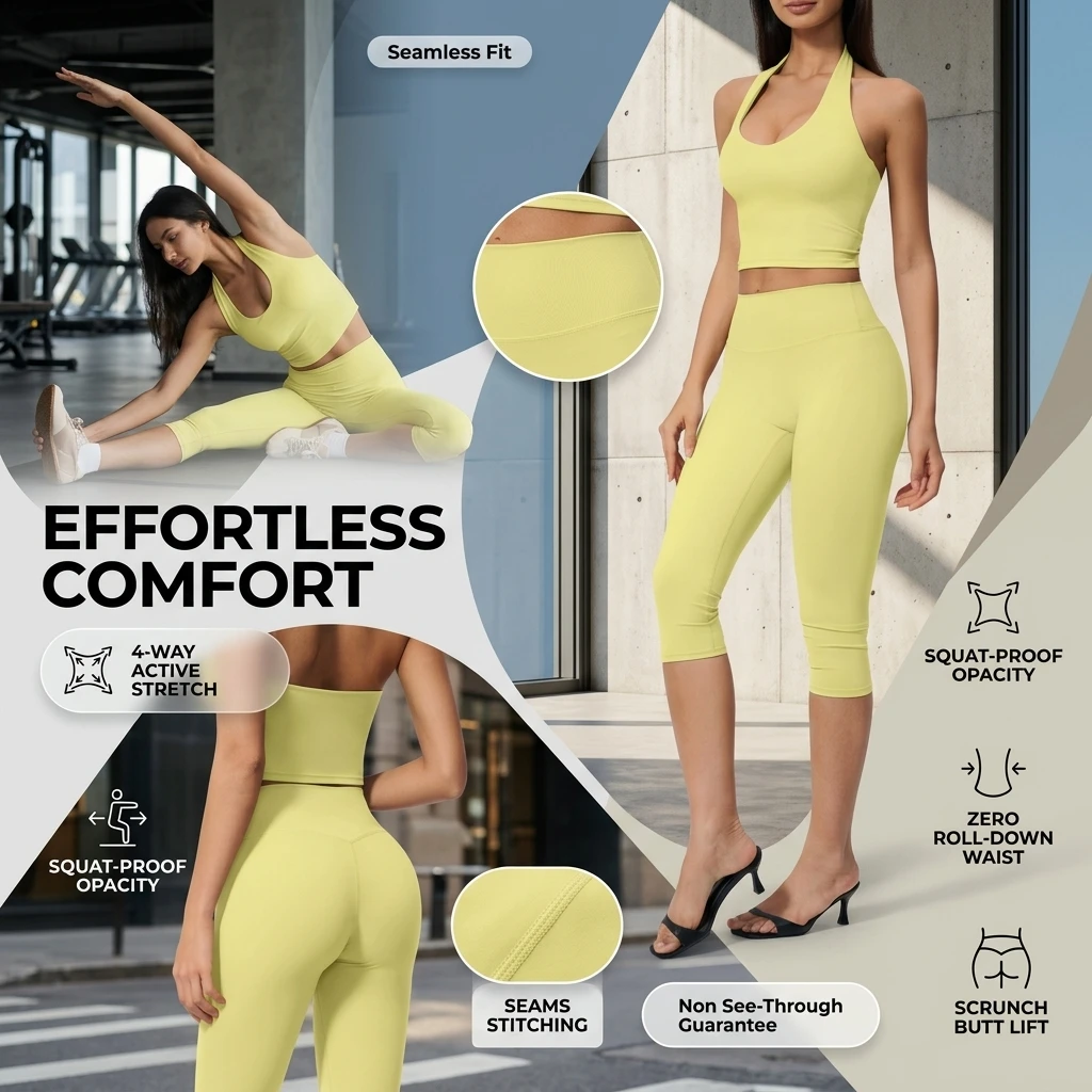 Yoga Halter Crop Top + High Waist Capri Leggings Set Women, Scrunch Butt Lift, 4-Way Stretch, Squat Proof, Pilates Lifestyle