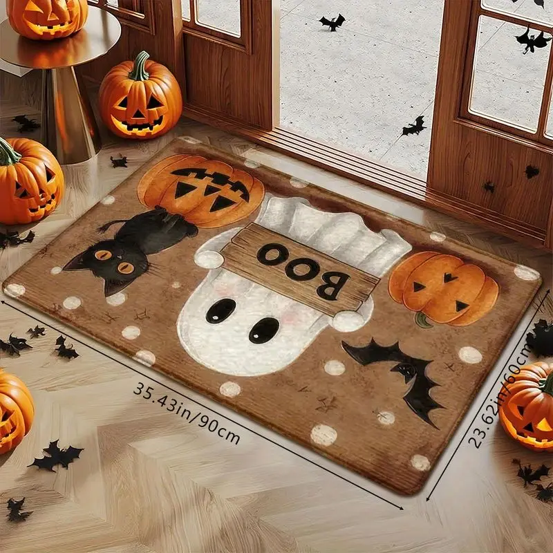 VIKAMA Halloween Kitchen Mat Set BOO Ghost Black Cat Jack O Lantern Bat Polka Dot Non Slip Runner Entryway Floor Spooky Decor