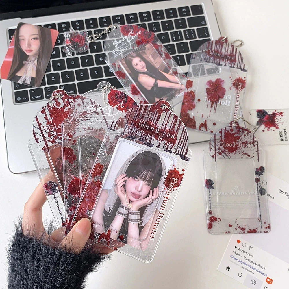 Glitter Jelly Color Photocard Holder White Keychain Photo Card Holders 2.6x3.8 Inch Red Rose Holder Bus ID Bank Card Holder