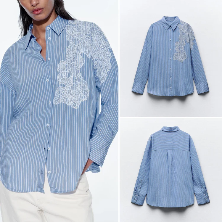 

Spring New Arrival Women's Loose Casual Embroidered Flower Decorated Stripe irt Straight Tube Long Sve Collar Regul...
