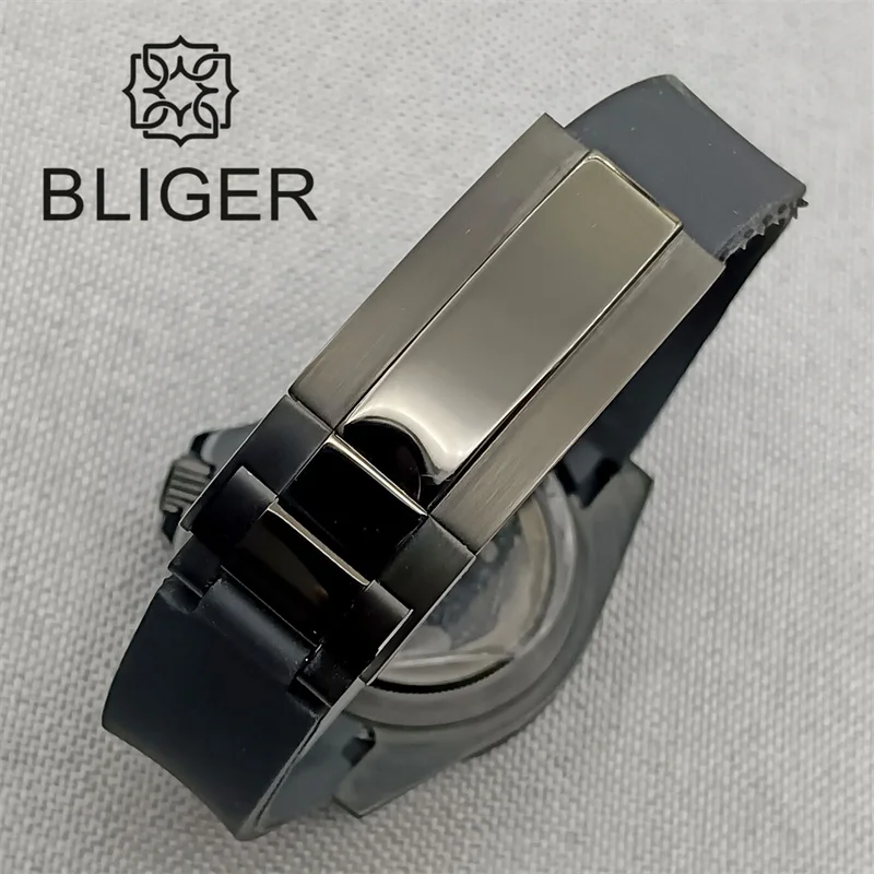 BLIGER 40mm Watch For Men NH36 Movement Week-day Display Function Full Black Dial PVD Case Curved End Rubber Strap Waterproof