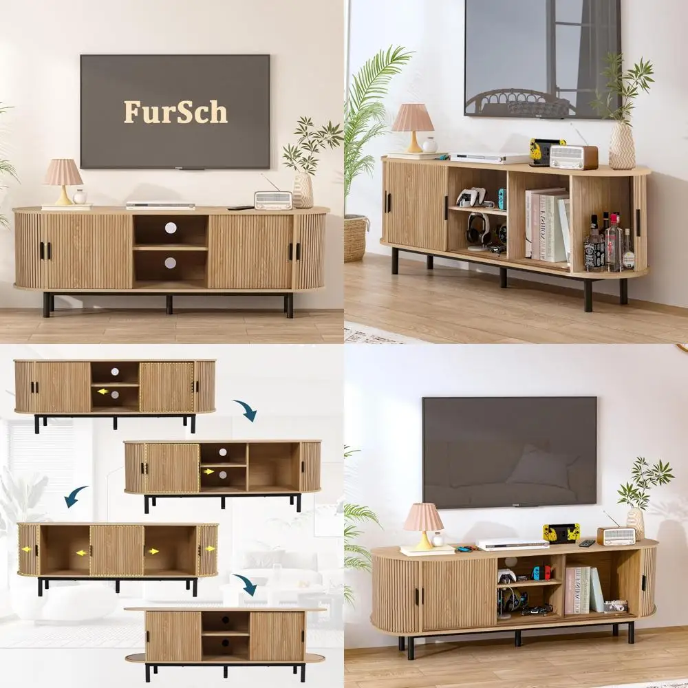 Mid Century Modern Wood TV Stand for 75 TVs, Curved Edge Design with Storage for Bedrooms